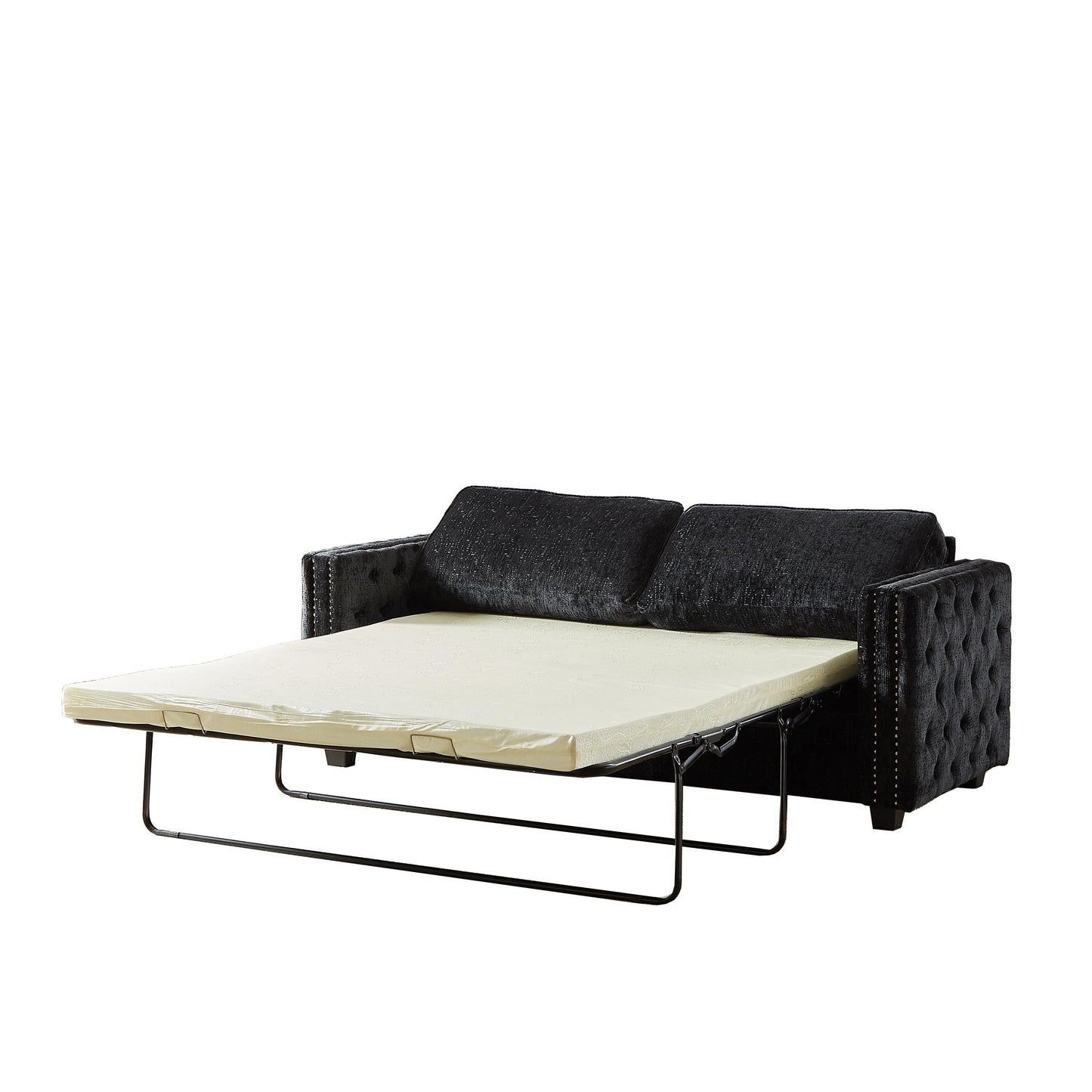 Divano letto a 3 posti in ciniglia nera 81 con borchie e materasso in memory foam per soggiorno