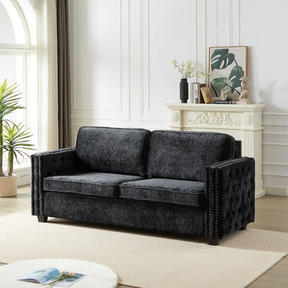 Divano letto a 3 posti in ciniglia nera 81 con borchie e materasso in memory foam per soggiorno