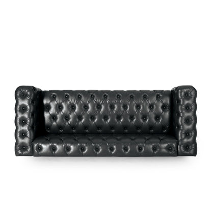 Divano a 3 posti in pelle PU nera 83,5 con schienale trapuntato a bottoni, braccioli larghi e gambe in legno vintage