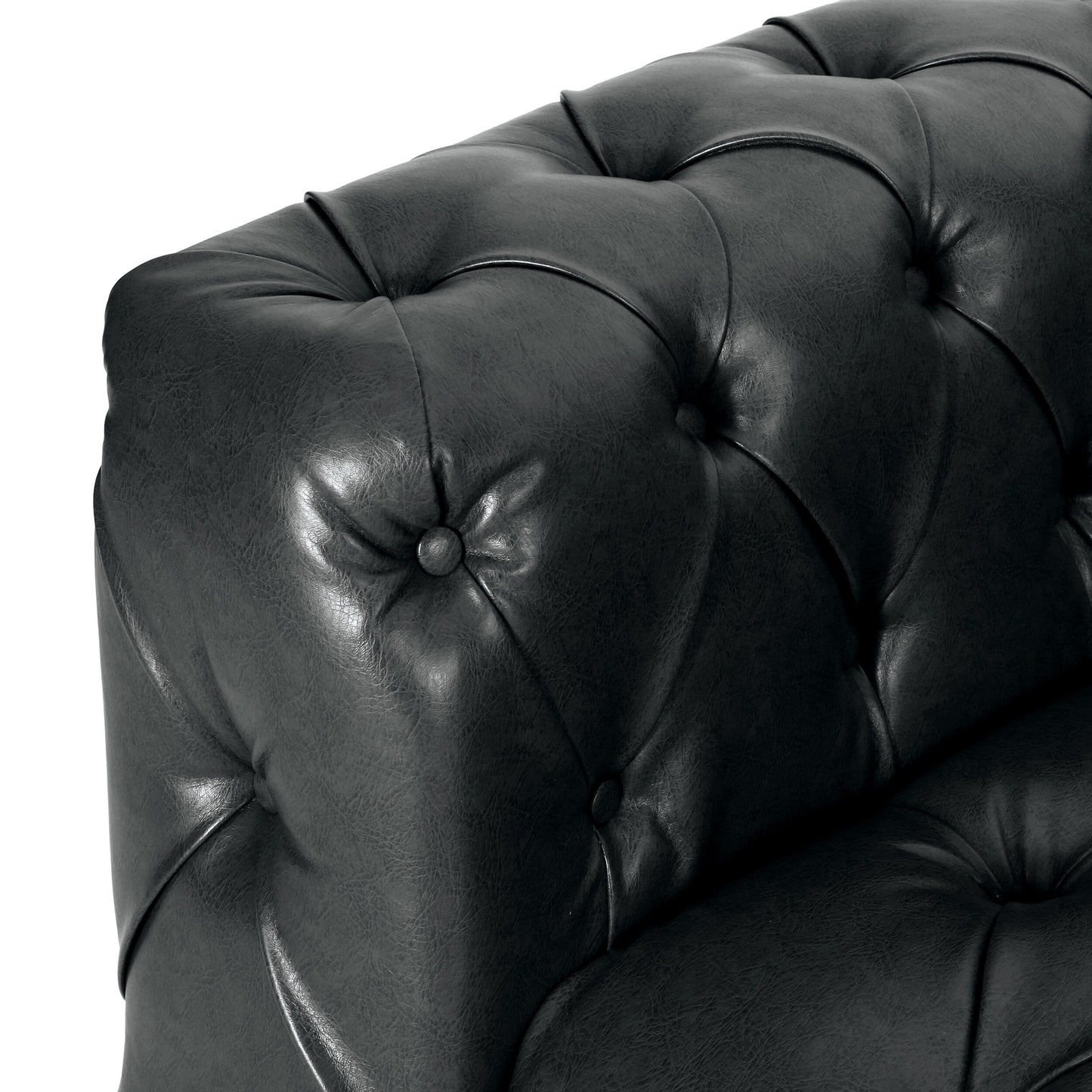 Divano a 3 posti in pelle PU nera 83,5 con schienale trapuntato a bottoni, braccioli larghi e gambe in legno vintage
