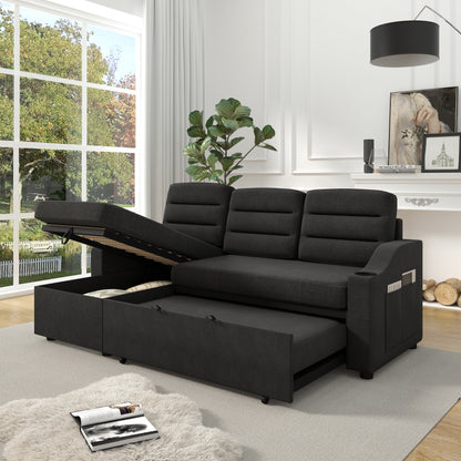 Divano letto convertibile nero da 83,5'' a 3 posti con letto estraibile, luci a LED, porte USB e chaise longue contenitore