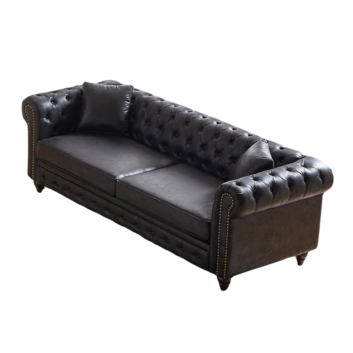 Divano Chesterfield a 3 posti con braccioli arrotolati in tessuto tecnico nero 85,5 e 2 cuscini per soggiorno