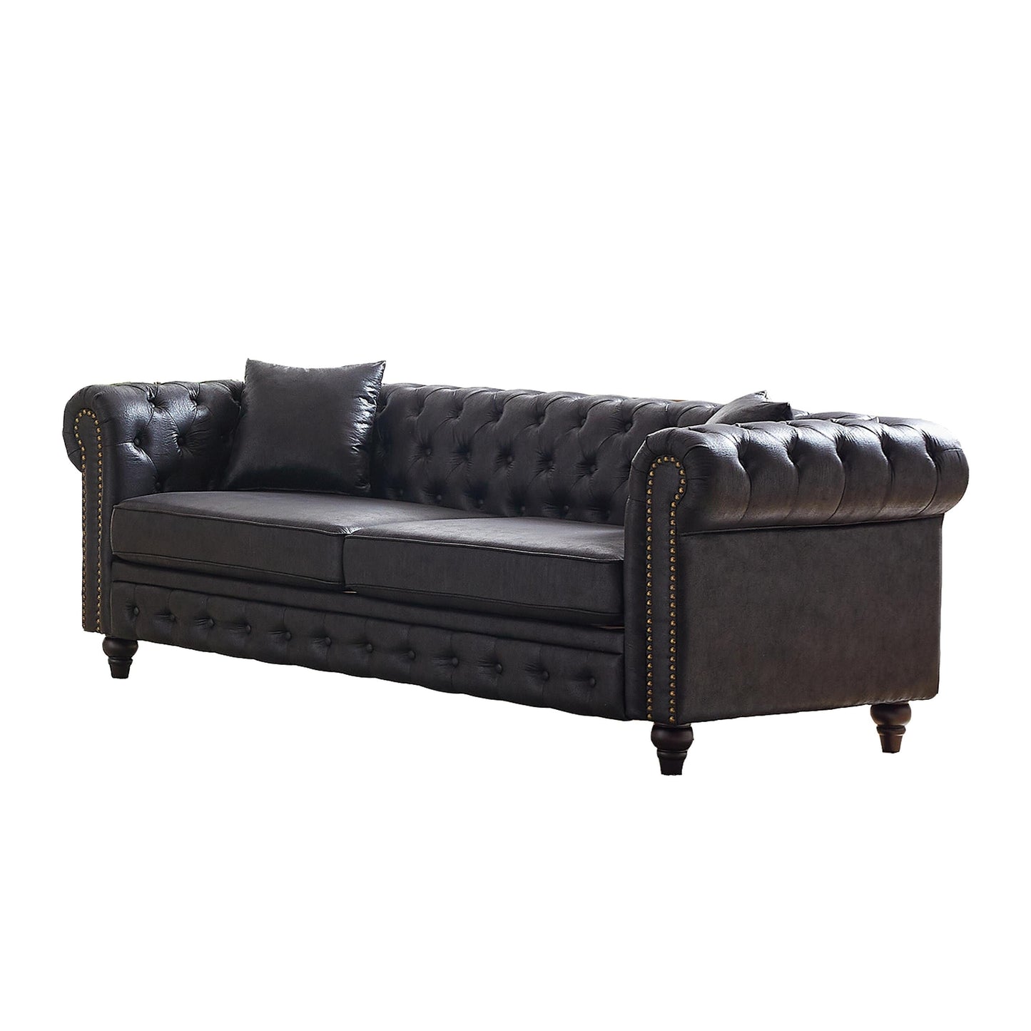 Divano Chesterfield a 3 posti con braccioli arrotolati in tessuto tecnico nero 85,5 e 2 cuscini per soggiorno