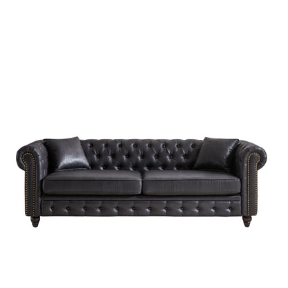 Divano Chesterfield a 3 posti con braccioli arrotolati in tessuto tecnico nero 85,5 e 2 cuscini per soggiorno