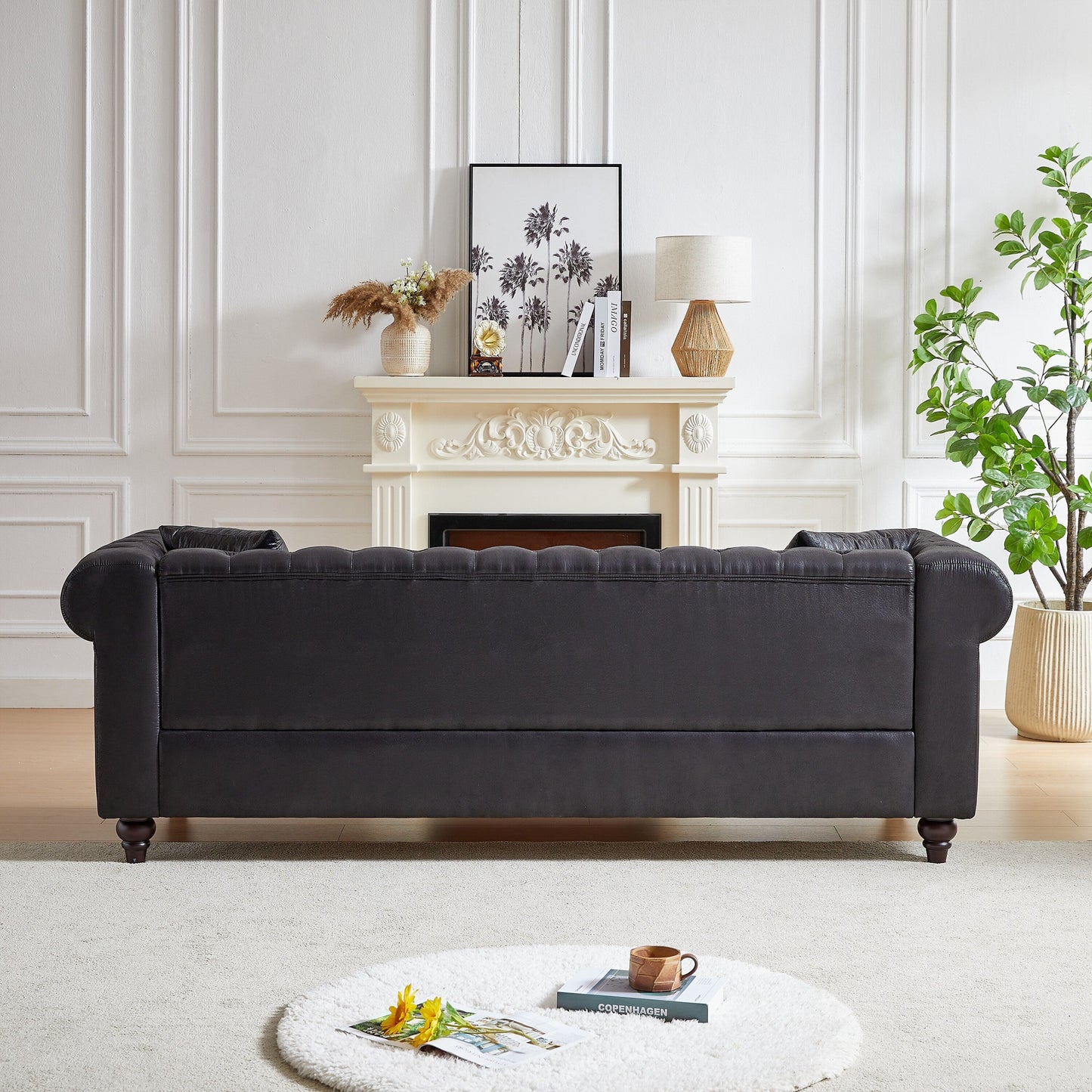Divano Chesterfield a 3 posti con braccioli arrotolati in tessuto tecnico nero 85,5 e 2 cuscini per soggiorno