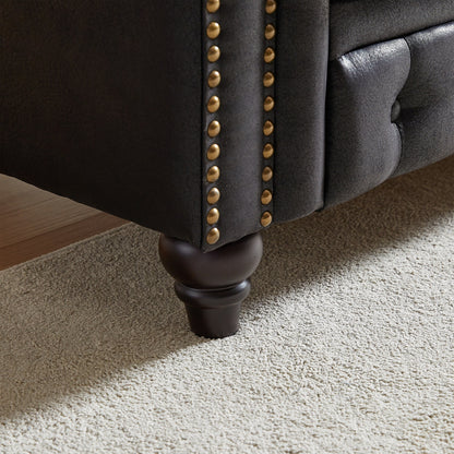 Divano Chesterfield a 3 posti con braccioli arrotolati in tessuto tecnico nero 85,5 e 2 cuscini per soggiorno