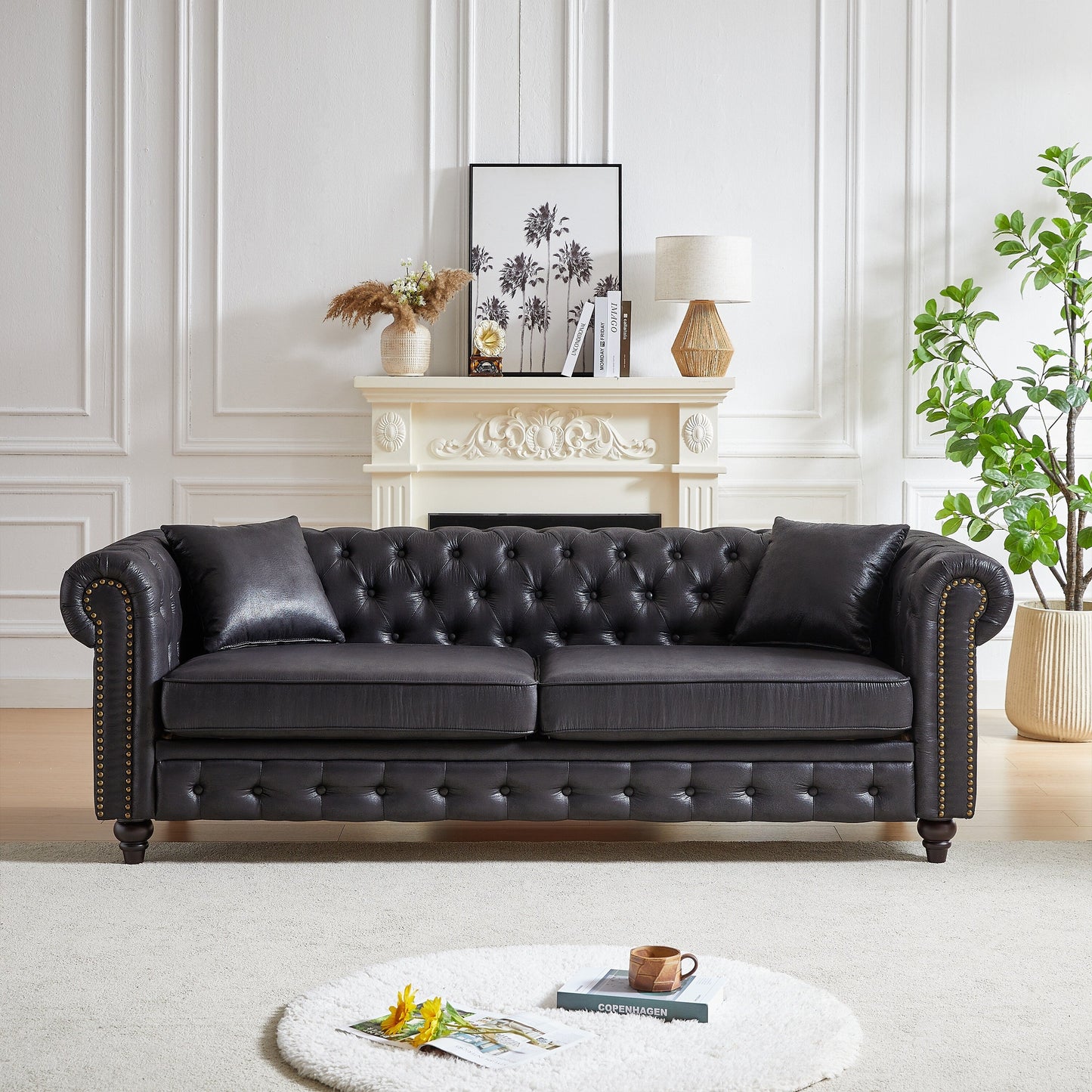 Divano Chesterfield a 3 posti con braccioli arrotolati in tessuto tecnico nero 85,5 e 2 cuscini per soggiorno