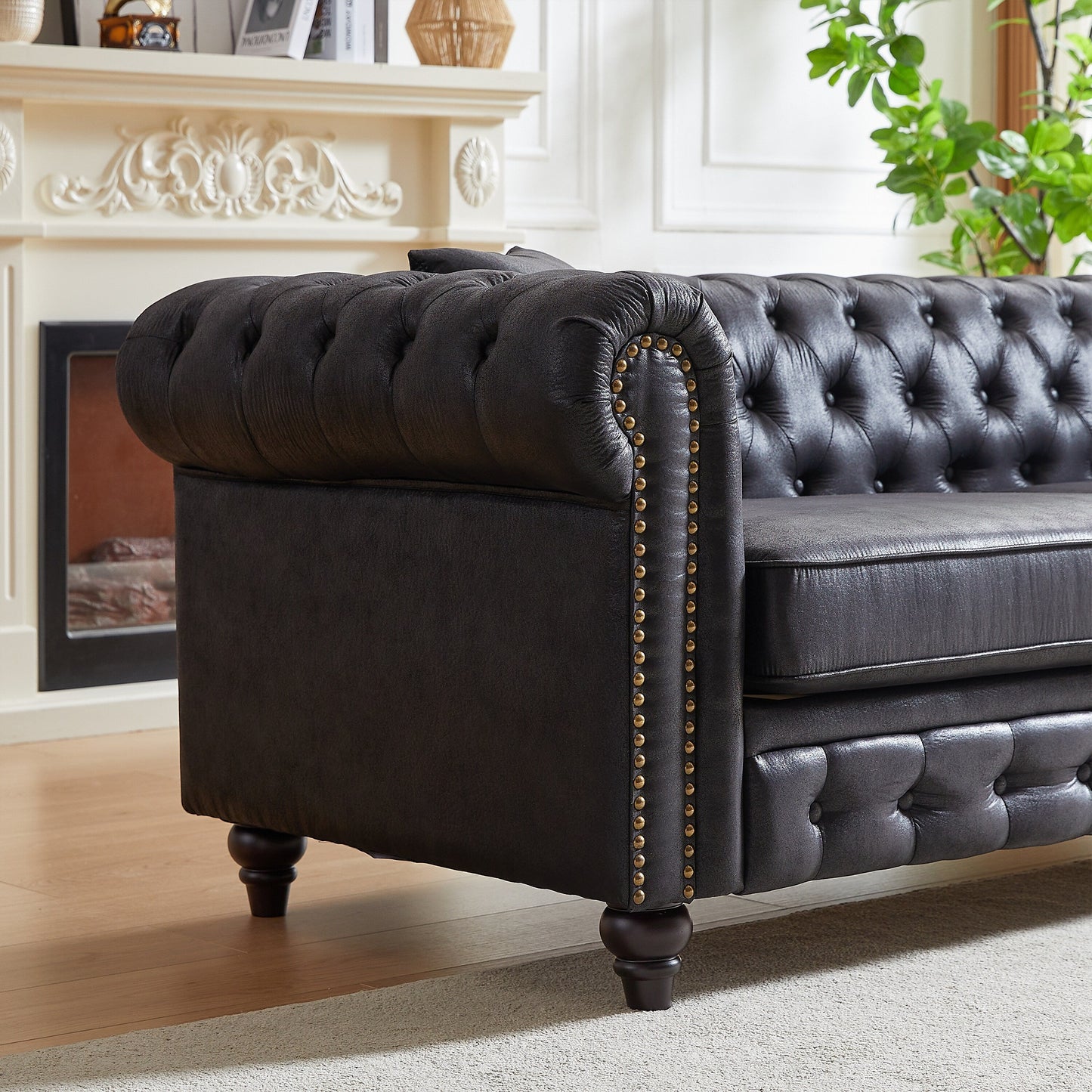 Divano Chesterfield a 3 posti con braccioli arrotolati in tessuto tecnico nero 85,5 e 2 cuscini per soggiorno