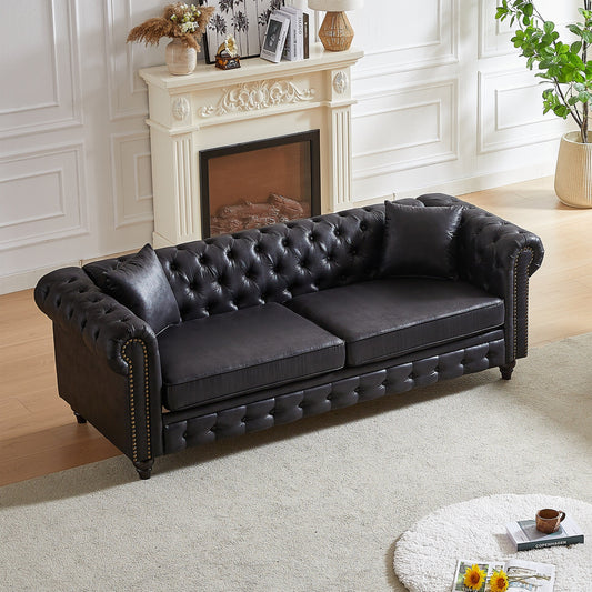 Divano Chesterfield a 3 posti con braccioli arrotolati in tessuto tecnico nero 85,5 e 2 cuscini per soggiorno