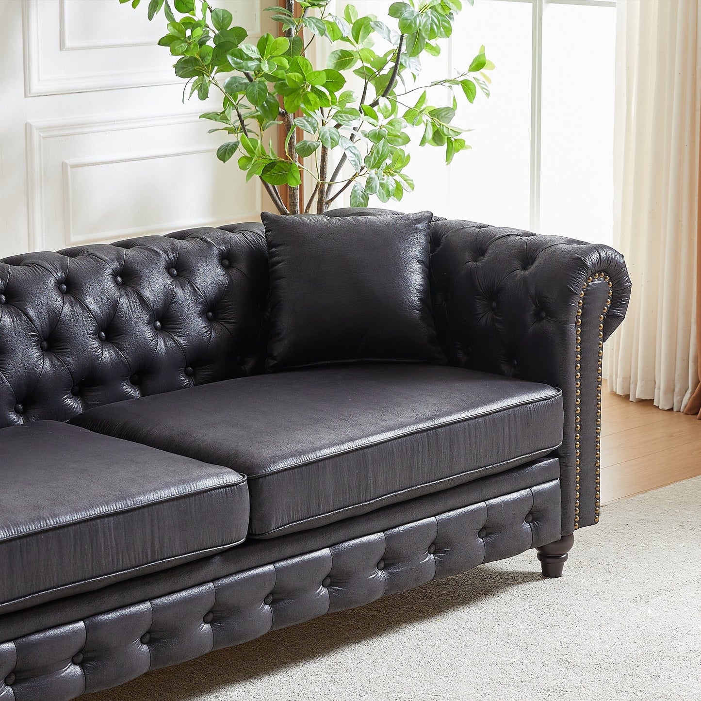 Divano Chesterfield a 3 posti con braccioli arrotolati in tessuto tecnico nero 85,5 e 2 cuscini per soggiorno