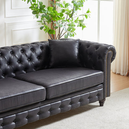 Divano Chesterfield a 3 posti con braccioli arrotolati in tessuto tecnico nero 85,5 e 2 cuscini per soggiorno