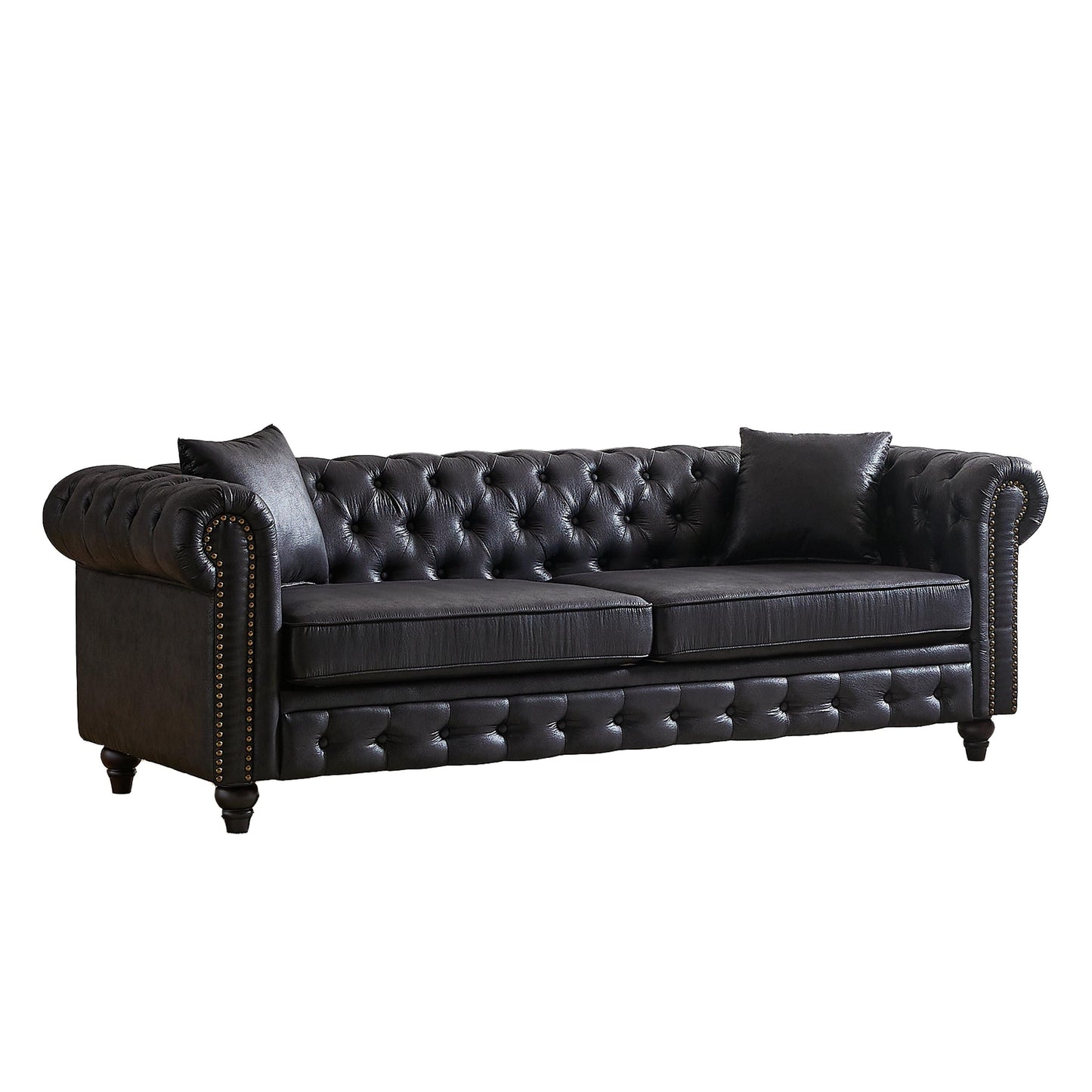 Divano Chesterfield a 3 posti con braccioli arrotolati in tessuto tecnico nero 85,5 e 2 cuscini per soggiorno