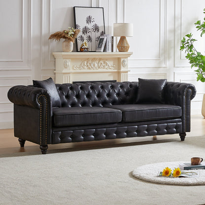 Divano Chesterfield a 3 posti con braccioli arrotolati in tessuto tecnico nero 85,5 e 2 cuscini per soggiorno