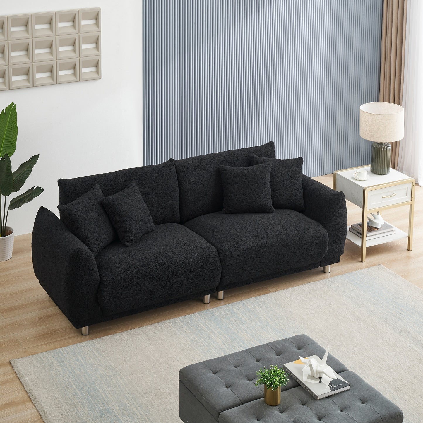 Divano compatto Teddy Wool a 3 posti da 86,6'' nero con rivestimento antimacchia, gambe in metallo e 4 cuscini