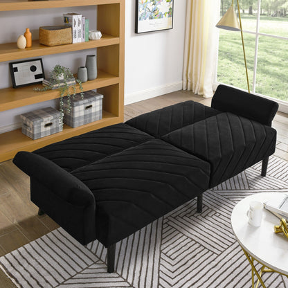 Divano letto futon trasformabile in velluto nero 87 con braccioli regolabili per soggiorno