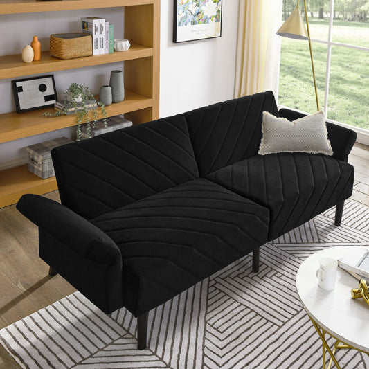 Divano letto futon trasformabile in velluto nero 87 con braccioli regolabili per soggiorno