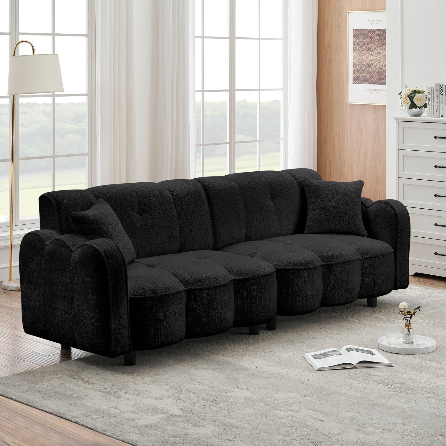 Divano a 3 posti Teddy Plush Special Cloud Design nero 96.06 con seduta in schiuma spessa e cuscini per soggiorno