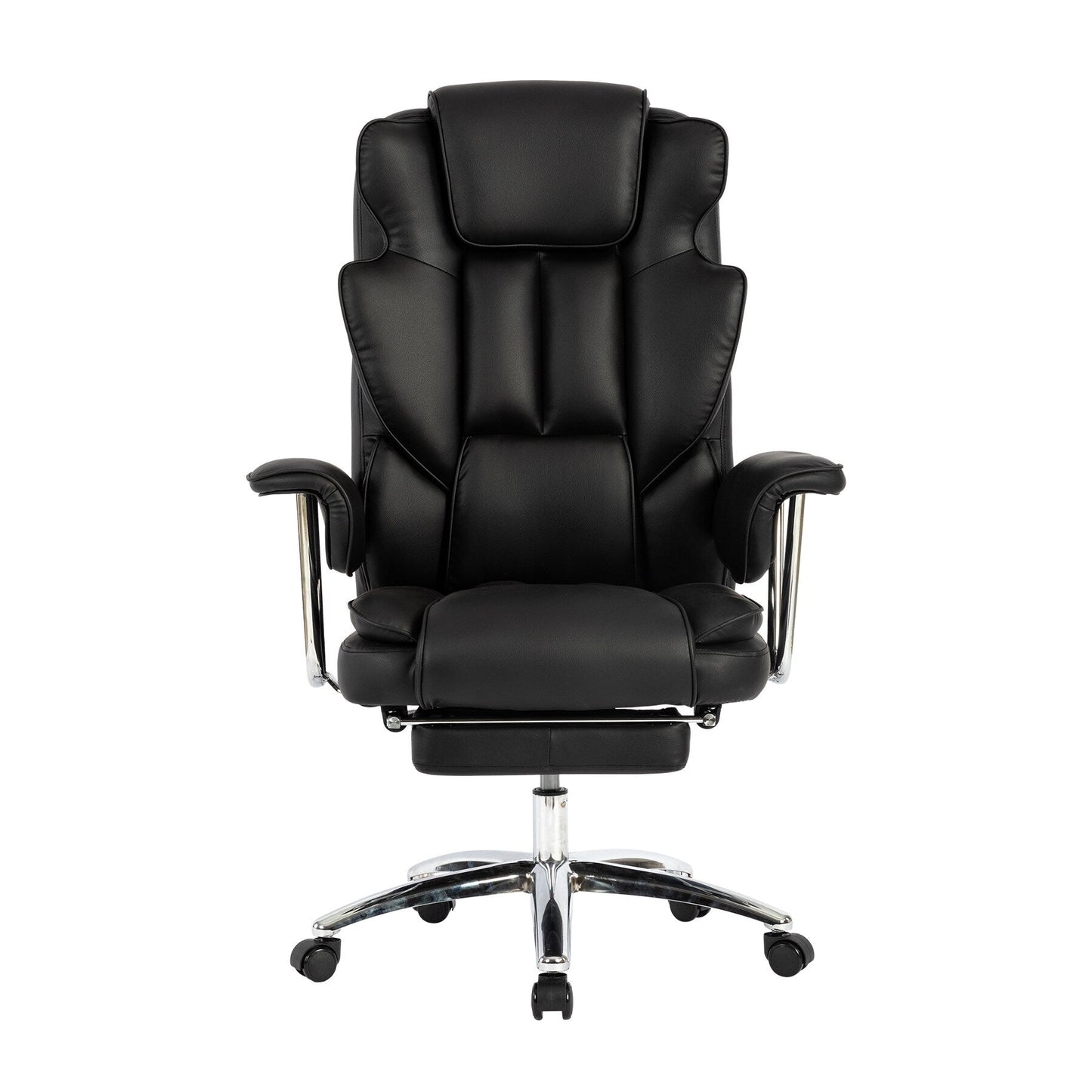 Poltrona reclinabile ergonomica da ufficio con schienale alto girevole a 360° in similpelle nera, supporto lombare, poggiapiedi, altezza regolabile