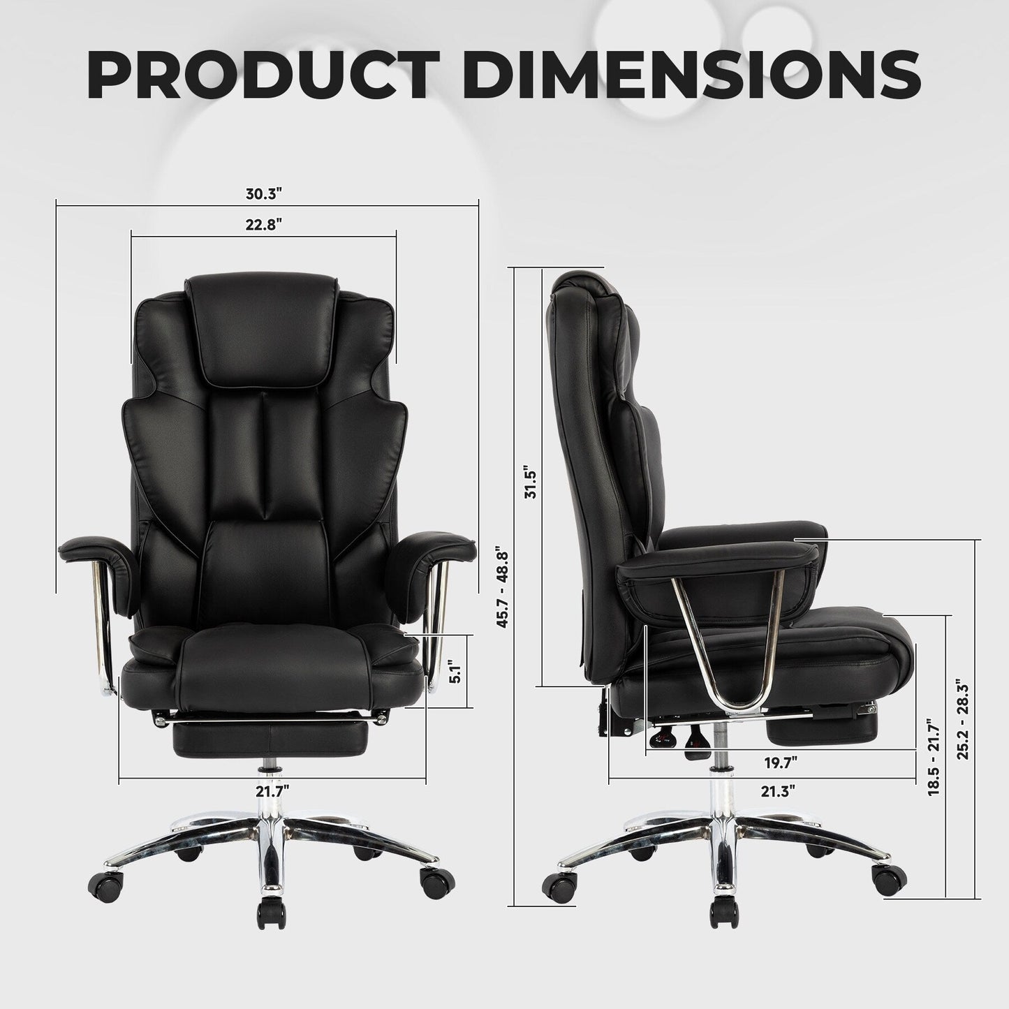 Poltrona reclinabile ergonomica da ufficio con schienale alto girevole a 360° in similpelle nera, supporto lombare, poggiapiedi, altezza regolabile