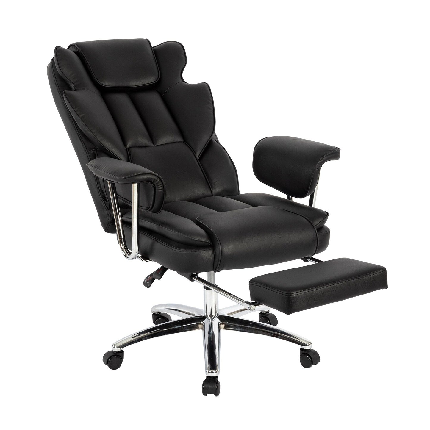 Poltrona reclinabile ergonomica da ufficio con schienale alto girevole a 360° in similpelle nera, supporto lombare, poggiapiedi, altezza regolabile