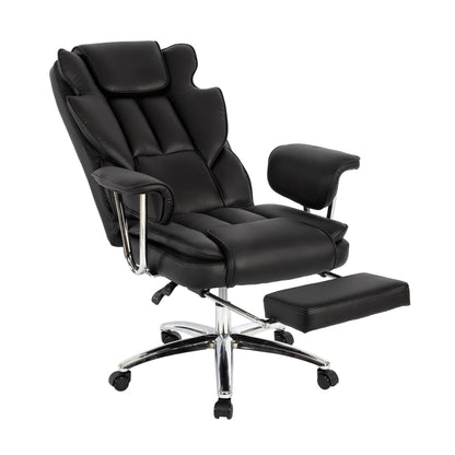 Poltrona reclinabile ergonomica da ufficio con schienale alto girevole a 360° in similpelle nera, supporto lombare, poggiapiedi, altezza regolabile