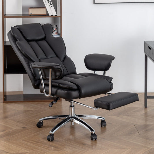 Poltrona reclinabile ergonomica da ufficio con schienale alto girevole a 360° in similpelle nera, supporto lombare, poggiapiedi, altezza regolabile