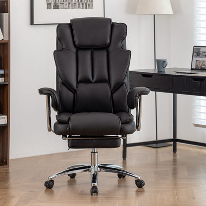 Poltrona reclinabile ergonomica da ufficio con schienale alto girevole a 360° in similpelle nera, supporto lombare, poggiapiedi, altezza regolabile