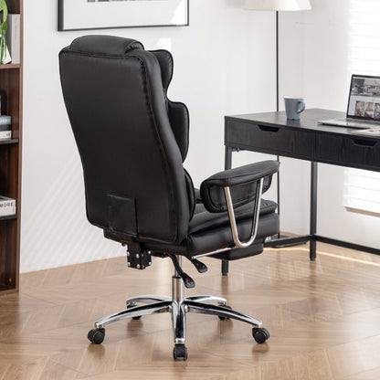 Poltrona reclinabile ergonomica da ufficio con schienale alto girevole a 360° in similpelle nera, supporto lombare, poggiapiedi, altezza regolabile