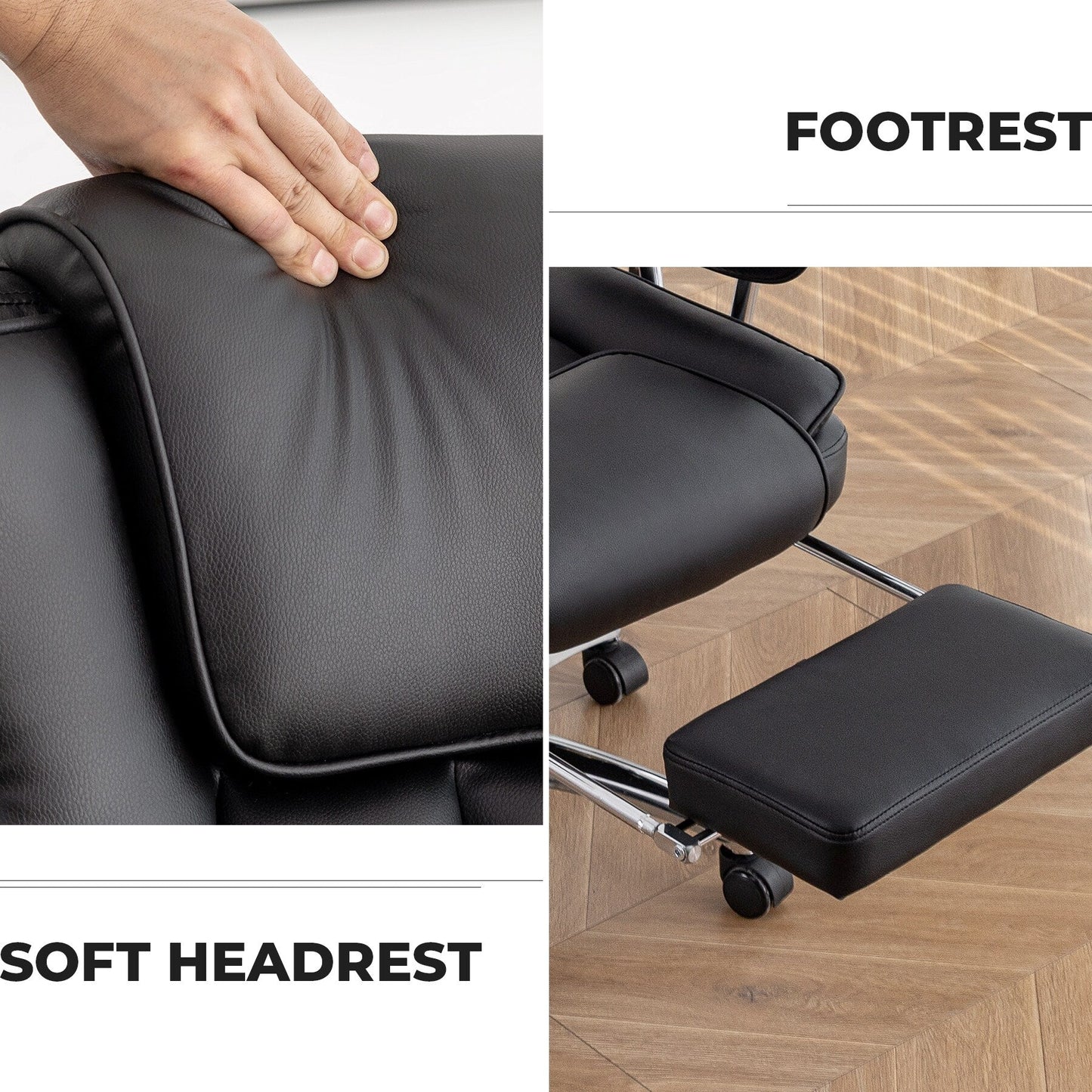 Poltrona reclinabile ergonomica da ufficio con schienale alto girevole a 360° in similpelle nera, supporto lombare, poggiapiedi, altezza regolabile