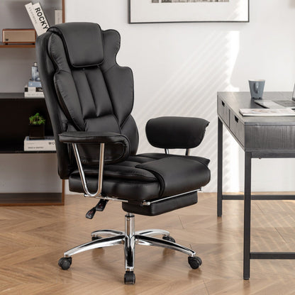 Poltrona reclinabile ergonomica da ufficio con schienale alto girevole a 360° in similpelle nera, supporto lombare, poggiapiedi, altezza regolabile