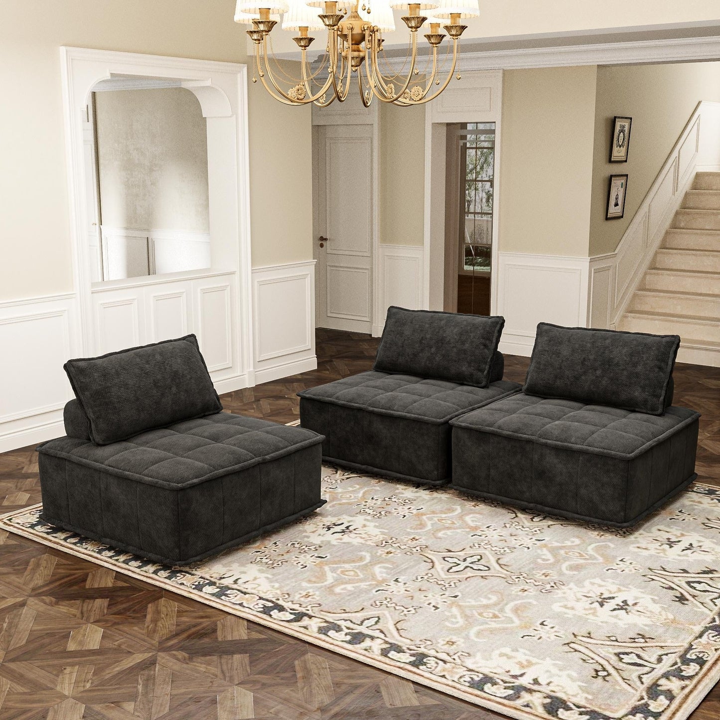 Set di divani modulari in ciniglia nera da 3 pezzi