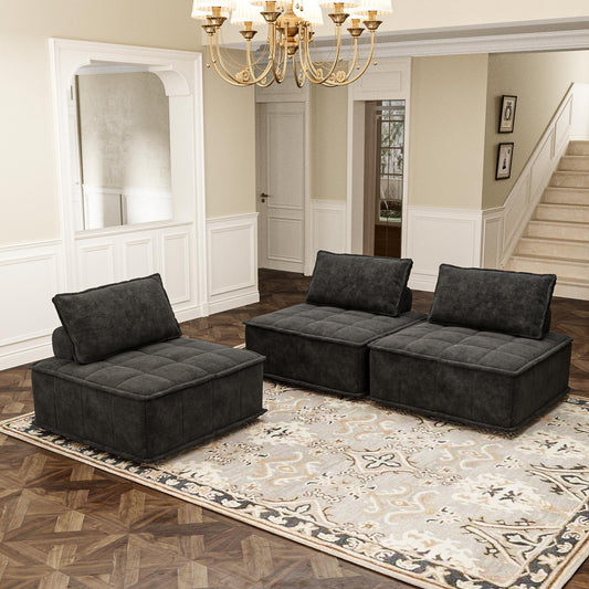 Set di divani modulari in ciniglia nera da 3 pezzi