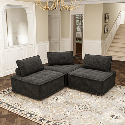 Set di divani modulari in ciniglia nera da 3 pezzi