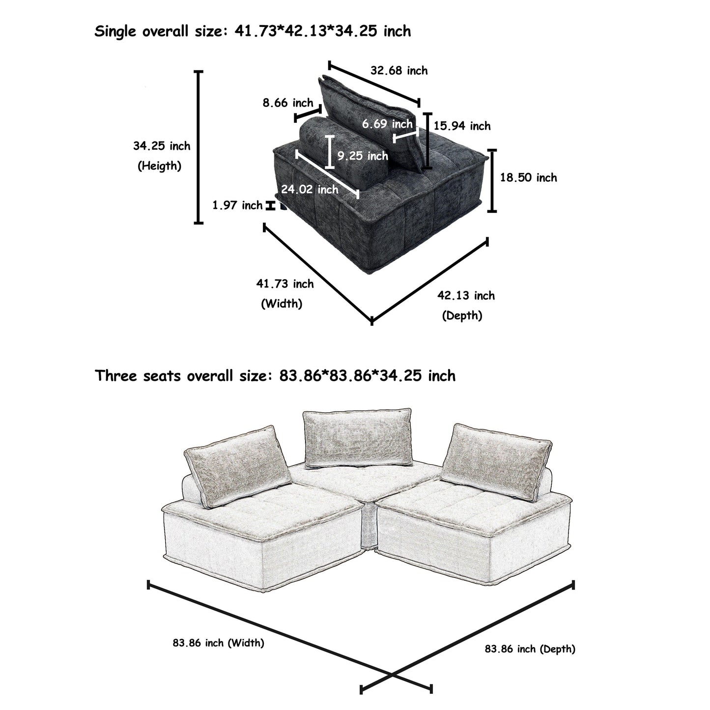 Set di divani modulari in ciniglia nera da 3 pezzi