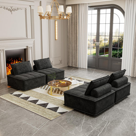 Set di divani modulari in ciniglia nera da 4 pezzi