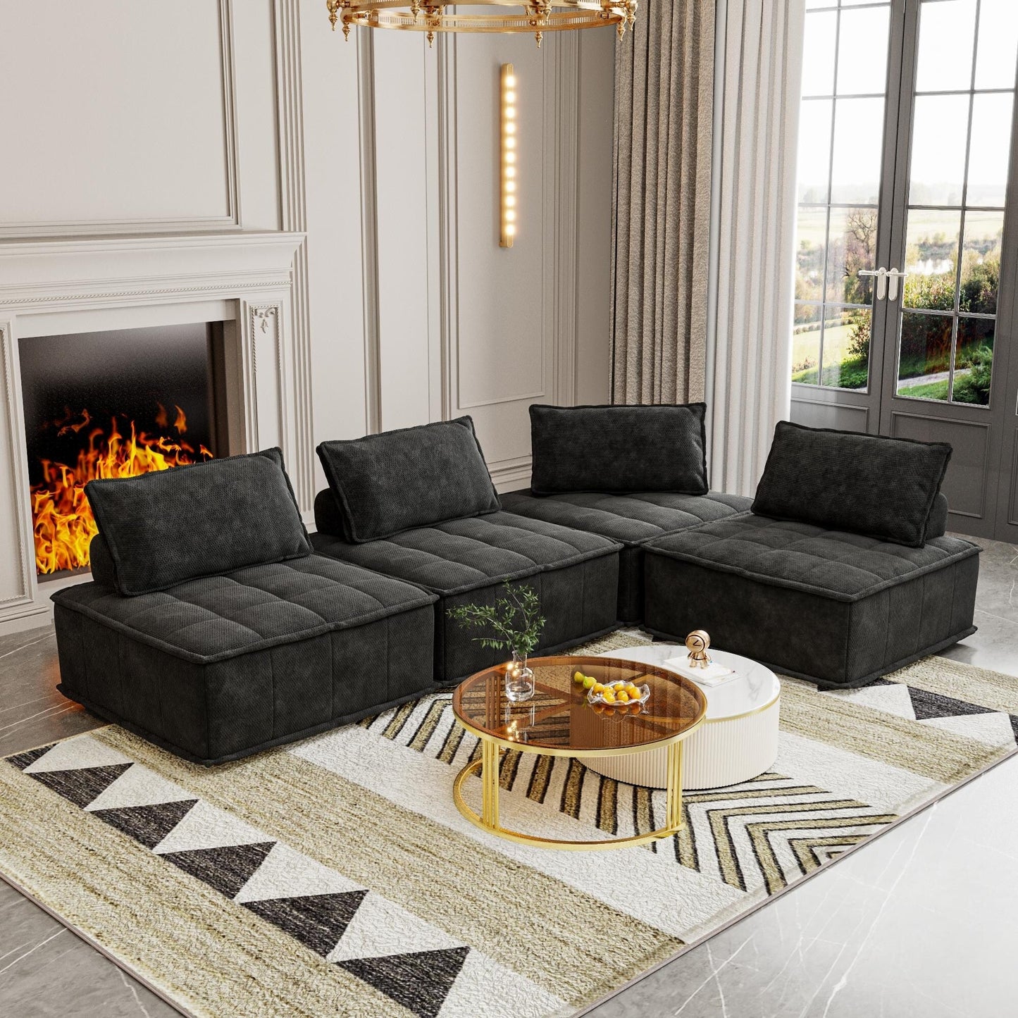 Set di divani modulari in ciniglia nera da 4 pezzi