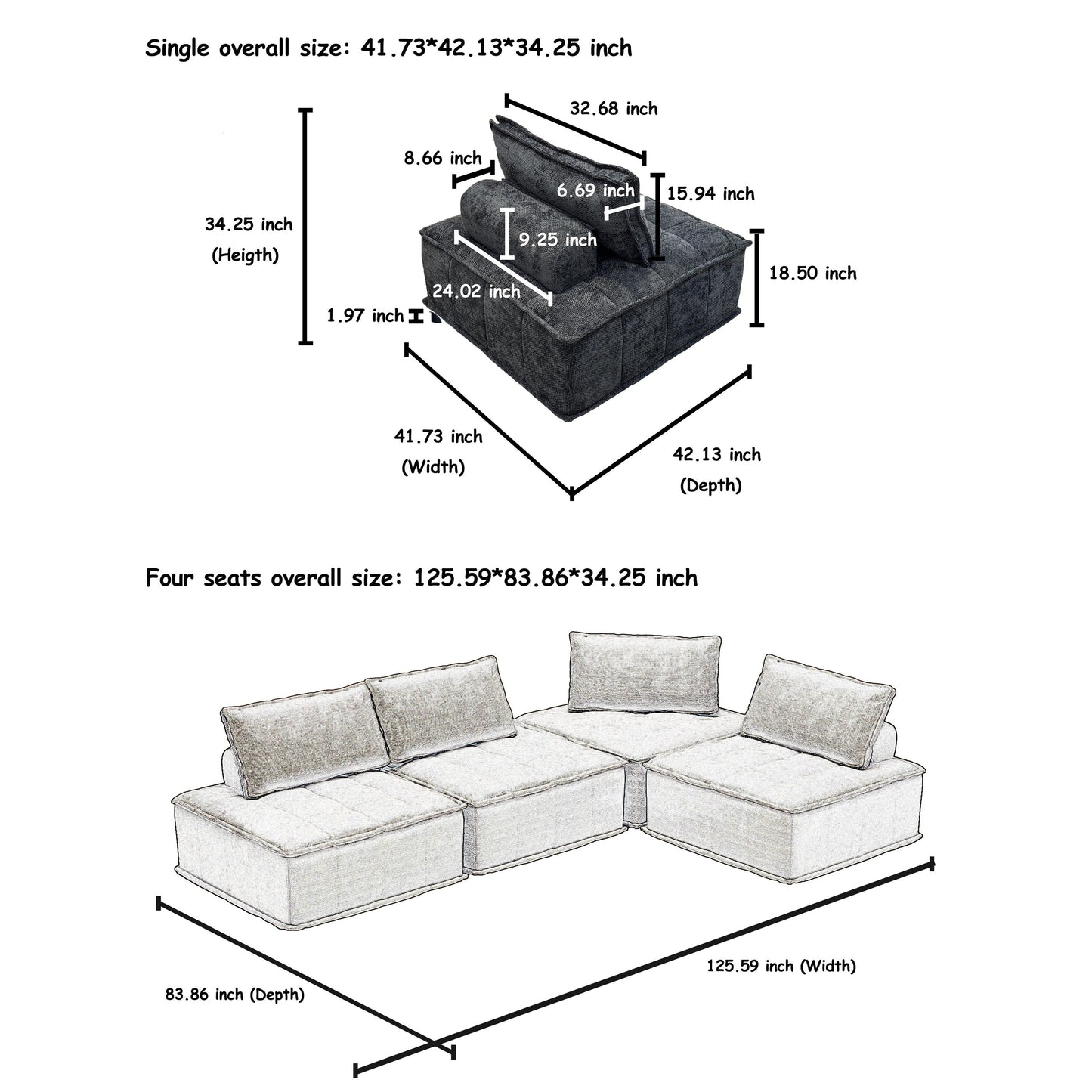 Set di divani modulari in ciniglia nera da 4 pezzi