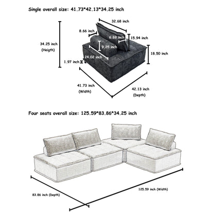 Set di divani modulari in ciniglia nera da 4 pezzi