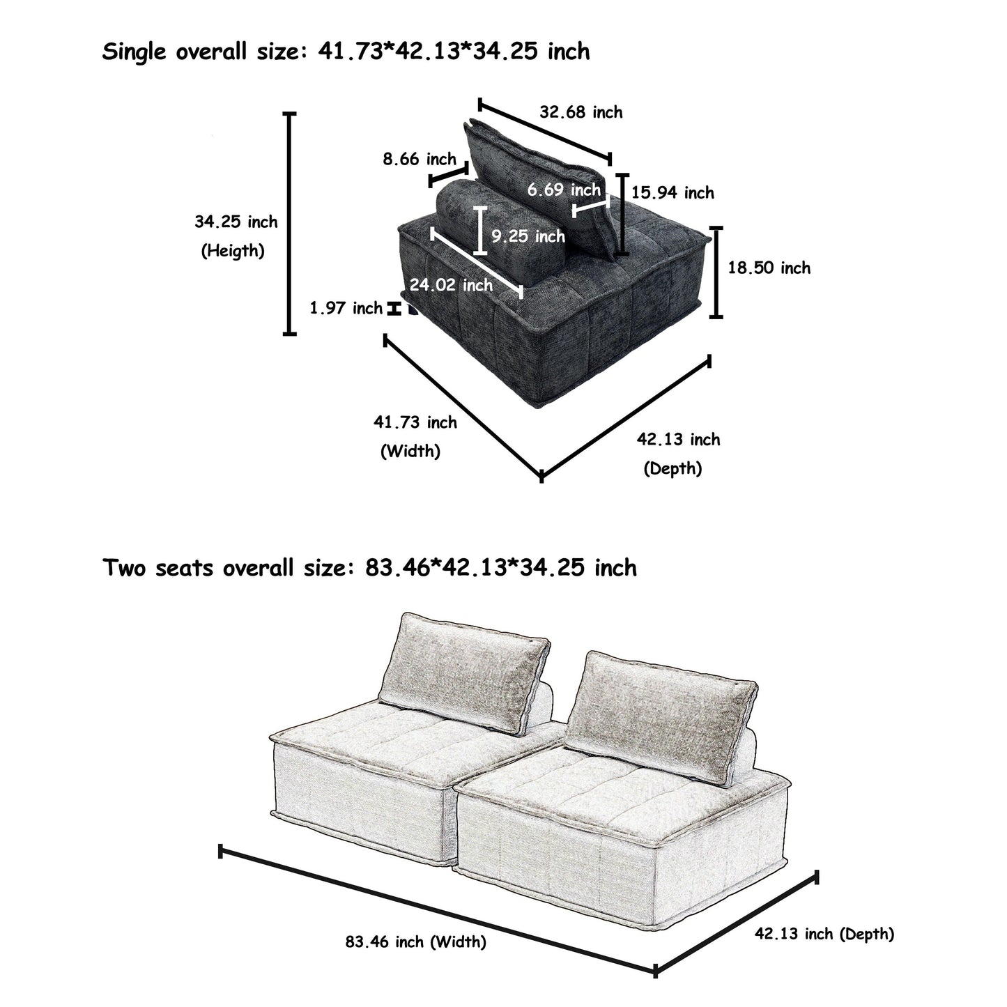 Set di divani modulari in ciniglia nera da 4 pezzi