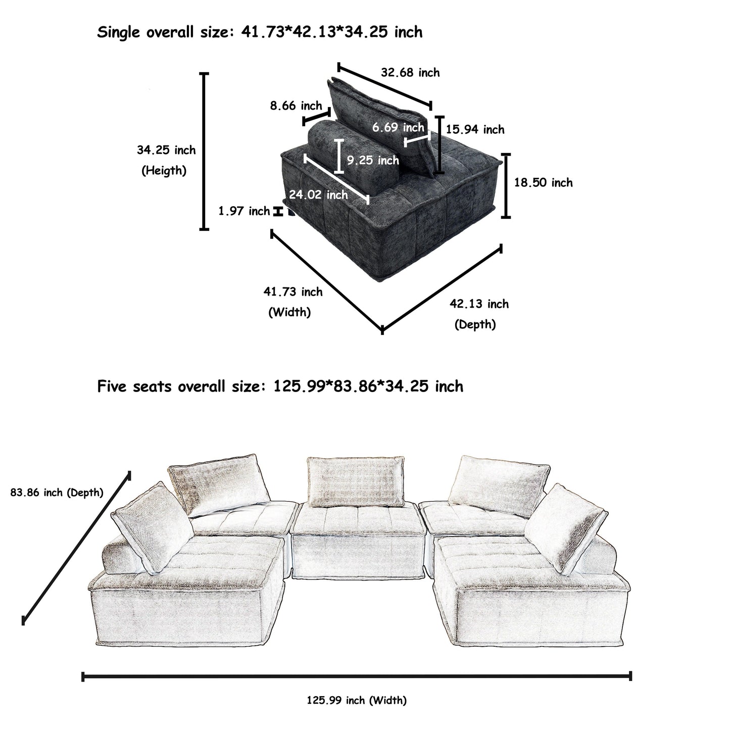 Set di divani modulari in ciniglia nera da 5 pezzi