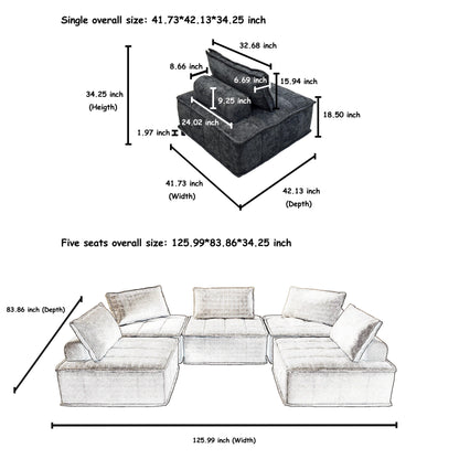 Set di divani modulari in ciniglia nera da 5 pezzi