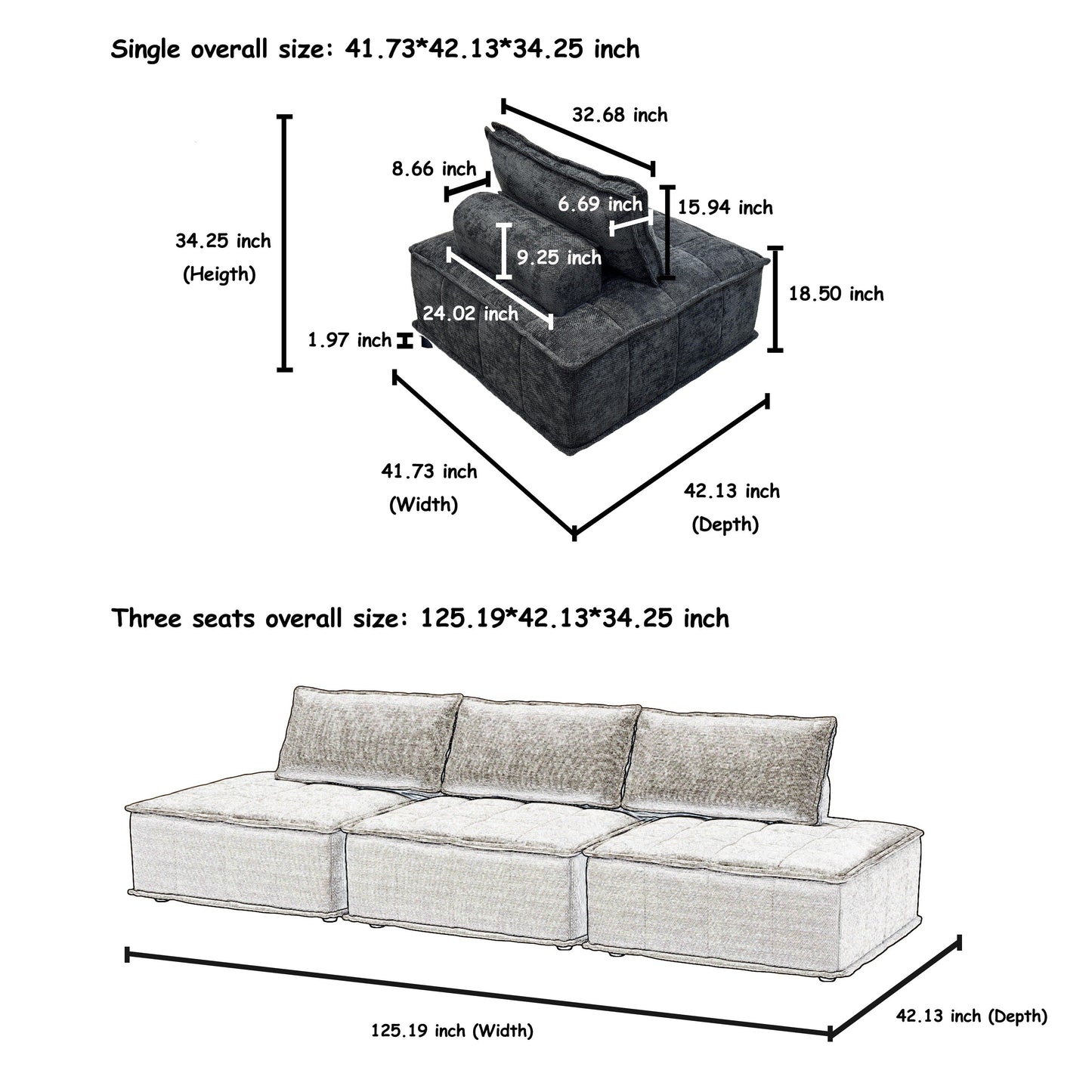 Set di divani modulari in ciniglia nera da 5 pezzi