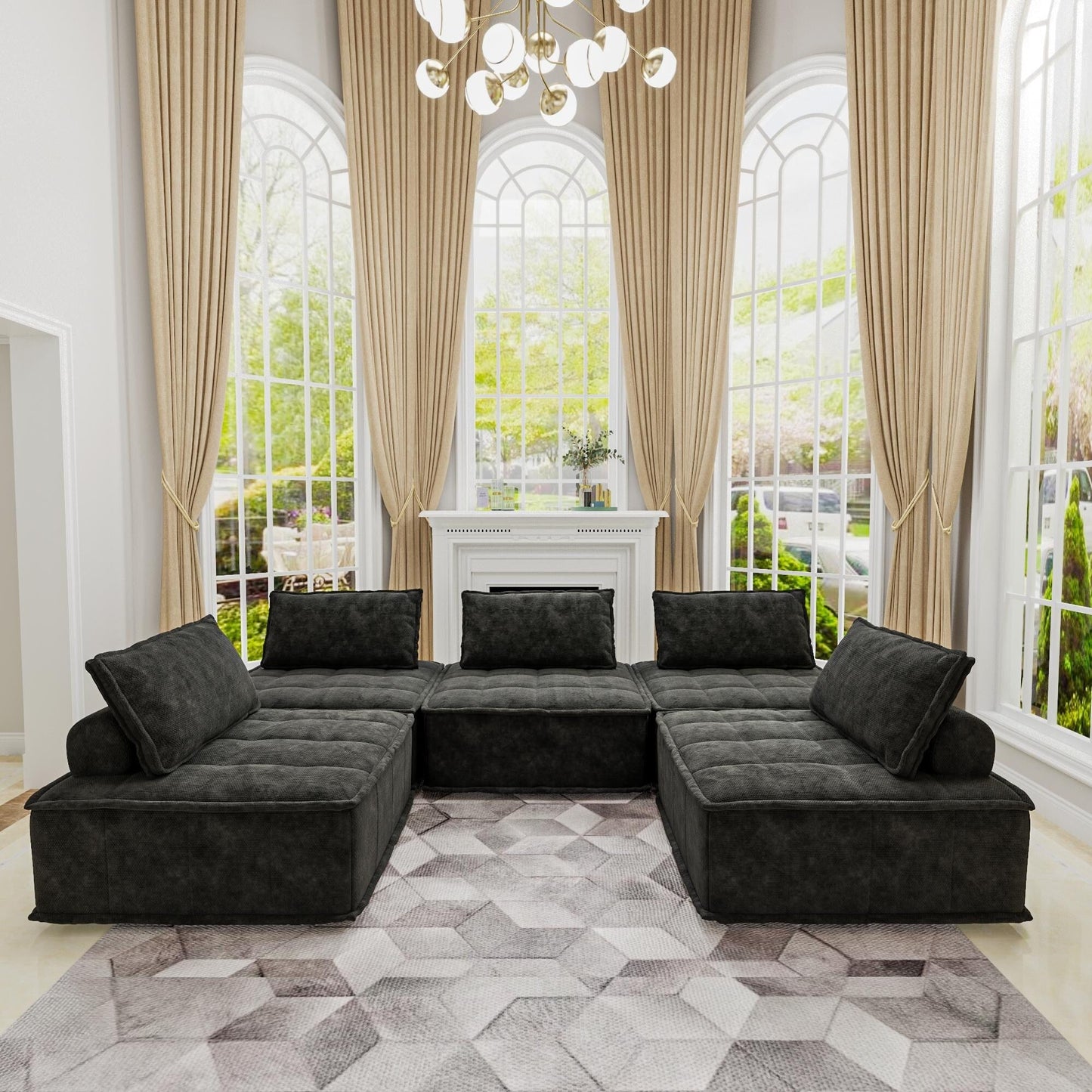 Set di divani modulari in ciniglia nera da 5 pezzi