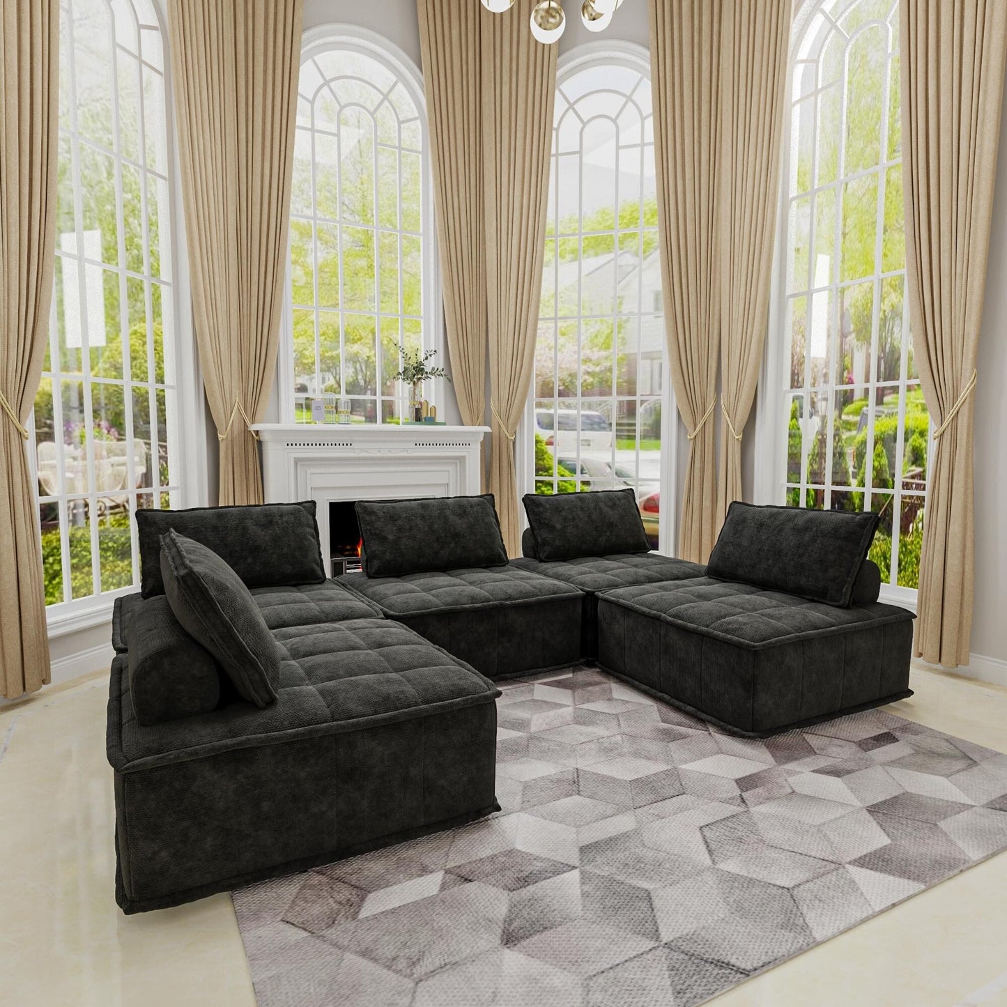 Set di divani modulari in ciniglia nera da 5 pezzi