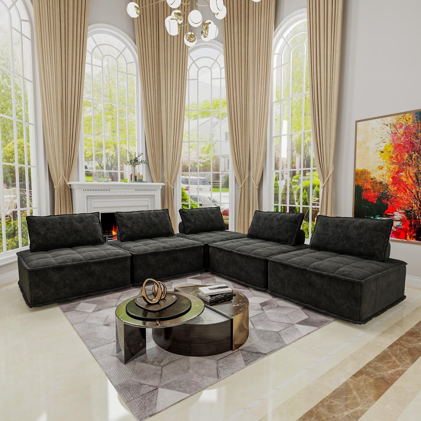 Set di divani modulari in ciniglia nera da 5 pezzi