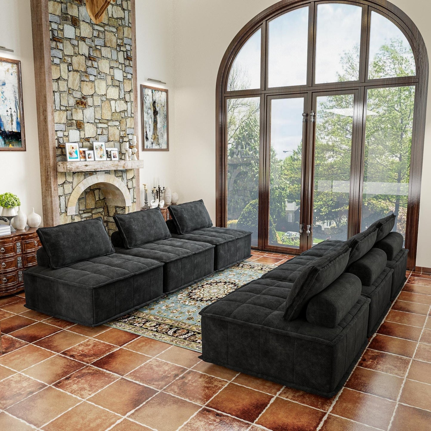 Set di divani modulari in ciniglia nera da 6 pezzi