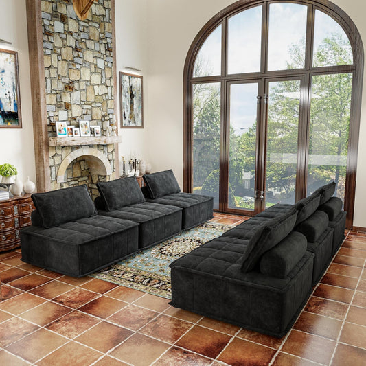 Set di divani modulari in ciniglia nera da 6 pezzi