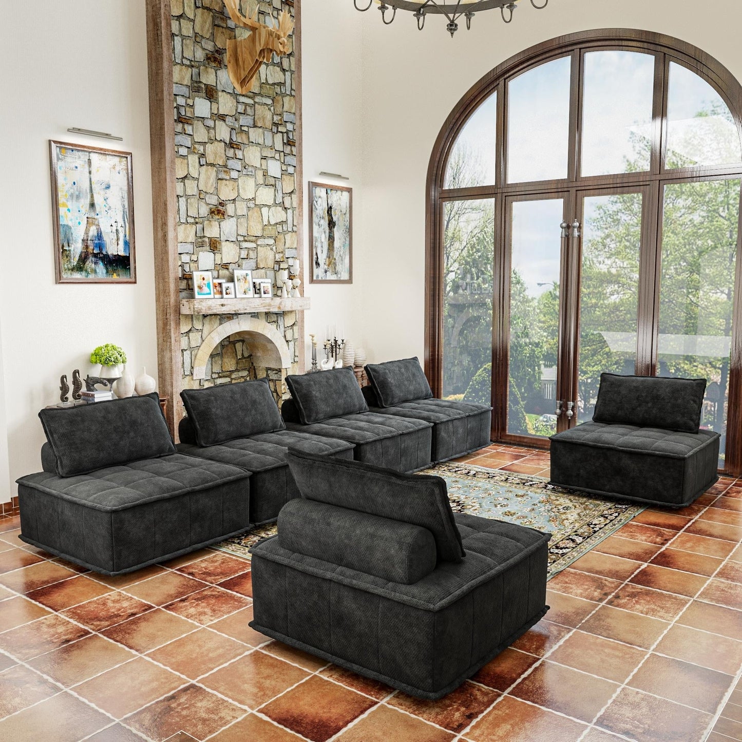 Set di divani modulari in ciniglia nera da 6 pezzi