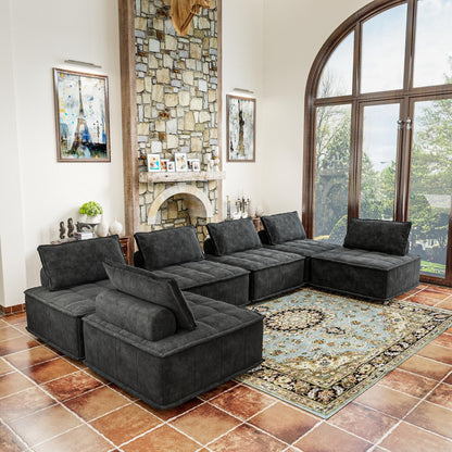 Set di divani modulari in ciniglia nera da 6 pezzi