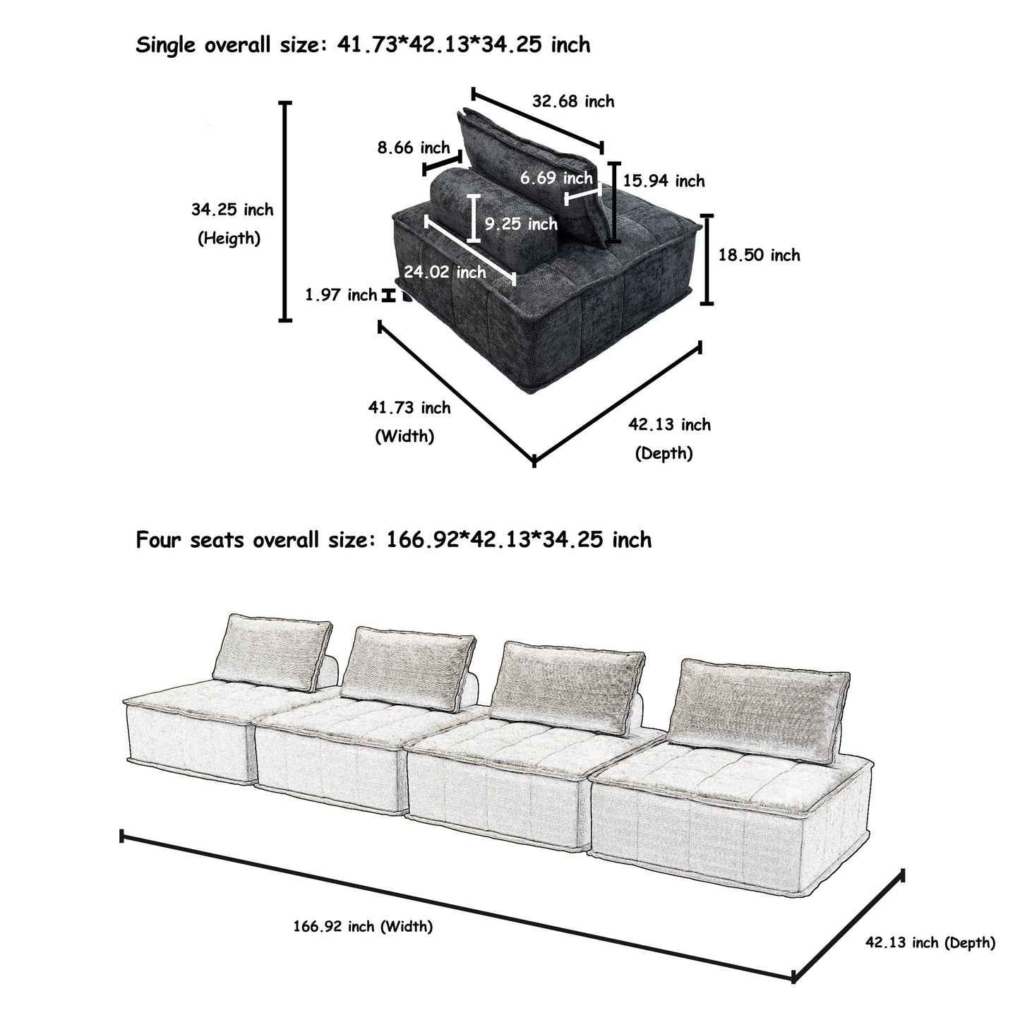 Set di divani modulari in ciniglia nera da 6 pezzi